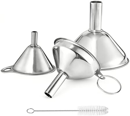 Small Funnels for Filling Bottles, 3 Pcs Stainless Steel Kitchen Funnel Set, Food Grade Mini Metal Funnel for Transferring Oil Liquid, Easy Cleaning with a Brush (Short Handle)