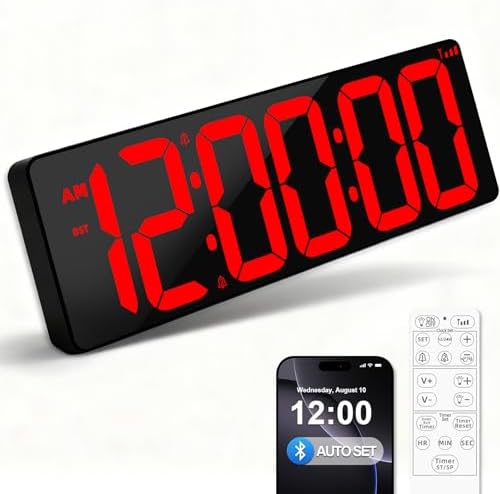 TXL 17.2" Bluetooth Digital Wall Clock with Seconds, Large Countdown Timer for Classroom Home Gym Kitchen Office, Alarm Clock with Remote Control, 4 Dimmable Brightness, Auto DST (Red)
