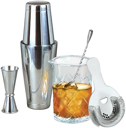 Lily's Home 6-Piece Boston Cocktail Shaker Set: Boston Shaker Cocktail Set,Mixing Glass, Mixing Spoon,Dual Sided Jigger and Stainer,for Home Mixology,Cocktail Lovers & Beginner
