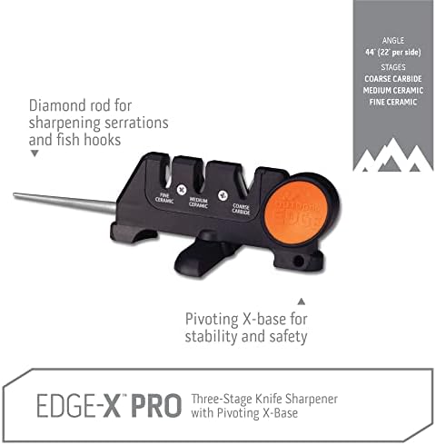 Outdoor Edge Edge-X Pro, Pocket Sized 4-Stage Carbide/Ceramic/Diamond Abrasive Knife Sharpener with Folding X-Base that Improves Stability for all Outdoor, Serrated and Kitchen Knives