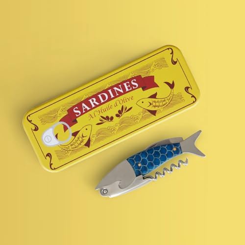 Balvi Sardines Corkscrew and Bottle Opener with Blue Tin Box – Durable Metal Design, Easy-to-Use Wine and Beer Opener, Ideal for Home Bars and Parties – Sacacorchos Sardinas