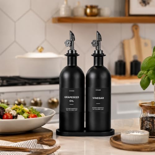 Olive Oil Dispenser for Kitchen, 2-Pack 16oz Black Glass Bottle with Labels