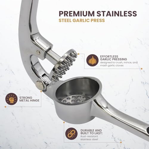 CASAFOYER Stainless Steel Garlic Press, Rustproof Garlic Crusher, Dishwasher Safe, Silver