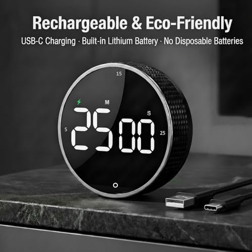 Rechargeable Magnetic Kitchen Timer with Rotary Dial, LED Display