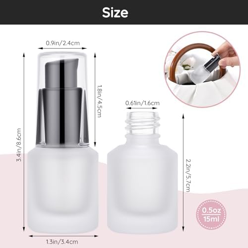 Segbeauty 0.5oz Empty Frosted Glass Travel Size Pump Bottle, 3pcs Matte Translucent Lotion Bottle Refillable, 15ml Travel Toiletry Bottles for Creams Liquids, Empty Cosmetic Skincare Container