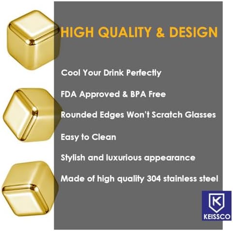 KEISSCO Stainless Steel Chilling Cubes Reusable Ice Cube Whiskey Stones for Drinks Beverage Jumbo Chilling Stones Set with Ice Tongs and Freezer Storage Tray for Whiskey, Gold Color Edition (8 Pack)