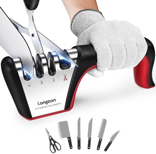 Longzon 5-in-1 Knife Sharpener 4 Stage with Cut-Resistant Glove, Black+Red
