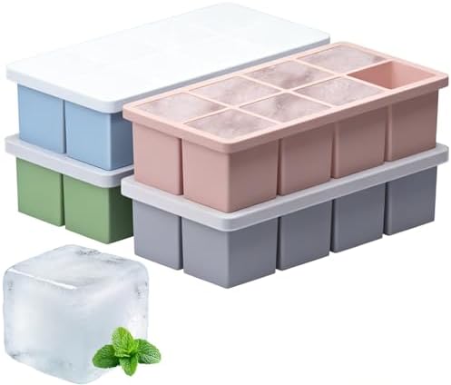 Large Ice Cube Molds, 4 Pack Easy Release Ice Trays for Freezer with Lid, Stackable Square Big Silicone Ice Cube Tray BPA Free Slow Melting for Bourbon Whiskey, Cocktails (Green+Blue+Pink+Grey)