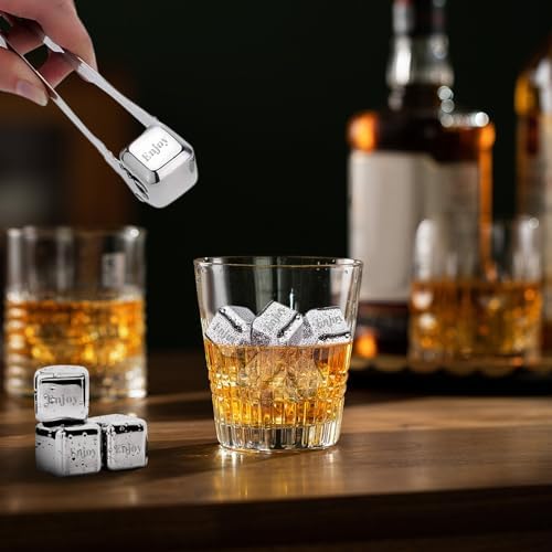 Whiskey Stones Gift Set Custom Engraved Stainless Steel Whiskey Ice Stone Personalized Whiskey Stones Gift Set Reusable Stainless Steel Chilling Rocks, for Mens Dad Husband Gift (8 PC)