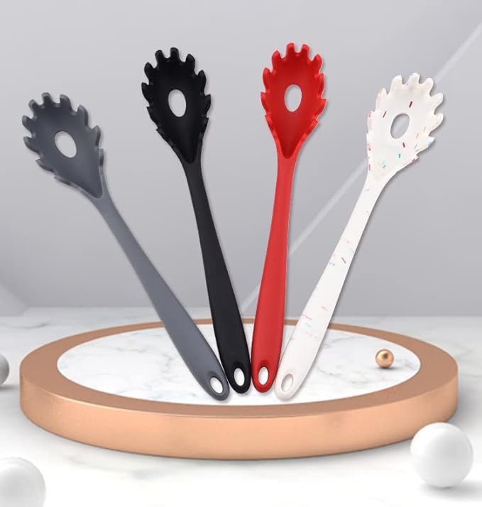 Silicone Pasta Fork (11.5"), High Heat Resistant to 480°F, Hygienic One Piece Design, Spaghetti Strainer & Server Spoon Pasta Forks (Red)