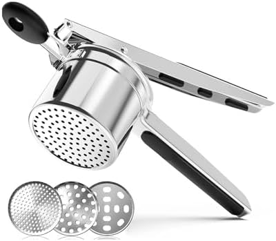 Potato Ricer, Heavy Duty Stainless Steel Potato Masher and Ricer Kitchen Tool, Press and Mash Kitchen Gadget (Silicone handle), Silver