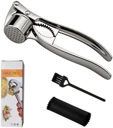 Multi-Purpose Garlic Press Nut Cracker Kitchen Tool, Large Caliber Thickened Zinc Alloy Mincer Squeezer, Precise Holes for Fine Paste, Dishwasher Safe with Peeler & Cleaning Brush (Silver - 3set)
