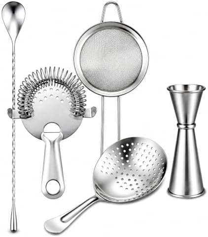 Yoption Cocktail Strainer Set, Stainless Steel Bar Tools with Mixing Stirring Spoon, Julep, Hawthorne, Fine Mesh Strainer and Jigger for Bartending