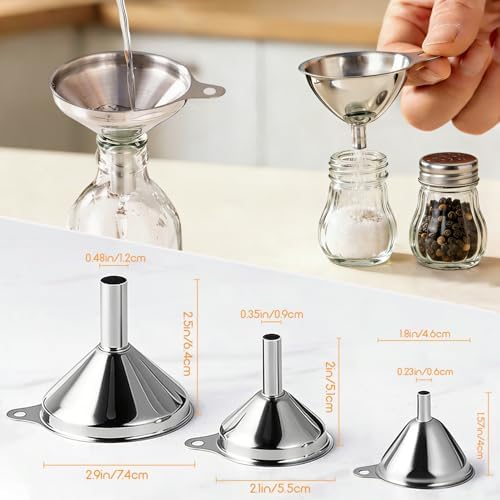 Small Funnels for Filling Bottles, 3 Pcs Stainless Steel Kitchen Funnel Set, Food Grade Mini Metal Funnel for Transferring Oil Liquid, Easy Cleaning with a Brush (Short Handle)