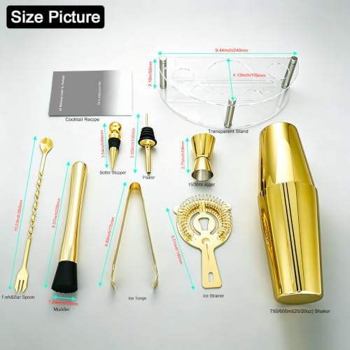 9-Piece Cocktail Shaker with Stand, 25oz Bartender Kit, Cocktail Shaker with Strainer Set, Boston Shaker Set, Bar Set Jigger for Bartending Drink Mixer Set, Cocktail Set Recipes (Gold-25/20oz)
