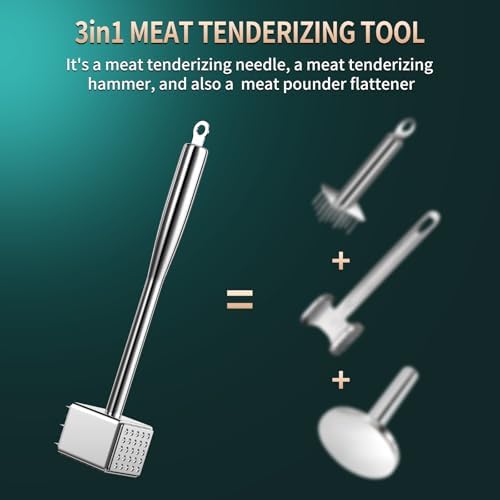 316 Stainless Steel 3in1 Meat Tenderizer Tool, BOMANSI BOMS Heavy Duty 1.52lb Meat Mallet Hammer Pounder Ideal for Tenderizing Steak, Poultry & Chicken Cutlet, Dishwasher Safe