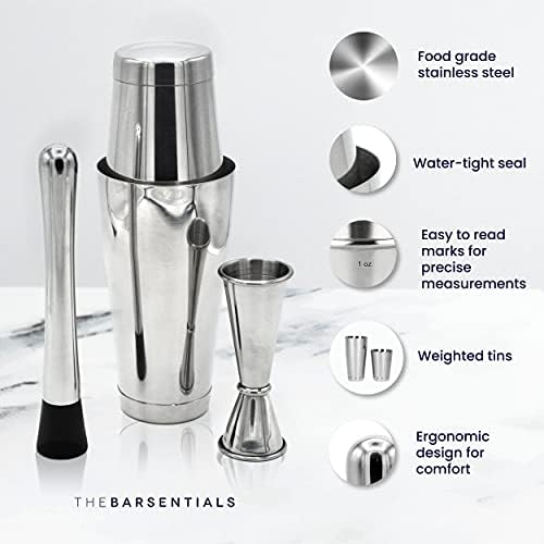 Boston Shaker Set for Cocktails with 28oz and 18oz Weighted Tins, Professional Muddler and Jigger - Stainless Steel Bar Tools (4pc set)