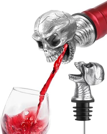 Skull Wine Pourer Spout for Bottles, Skeleton Head Liquor Pourer Stopper for Halloween Party, Gothic Bar Accessories for Wine Whiskey Spirits, No Drip Wine Dispenser Fits Most Standard Bottle Necks
