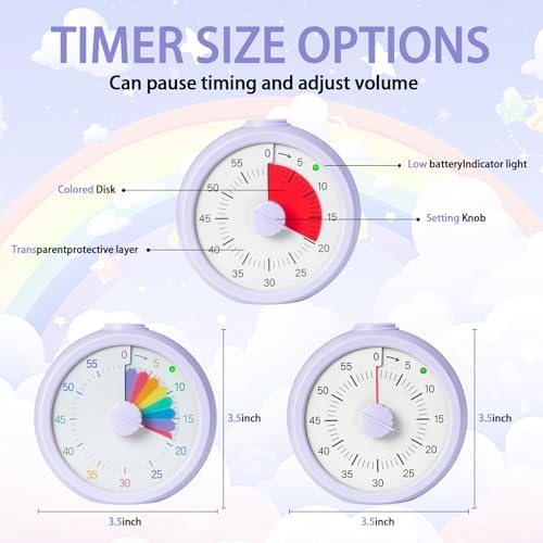 Visual Timer for Kids 60 Minute Countdown Timer Rainbow Disk Desk Timer Clock for Classroom Study Office Kitchen with Silent Operation (Purple)