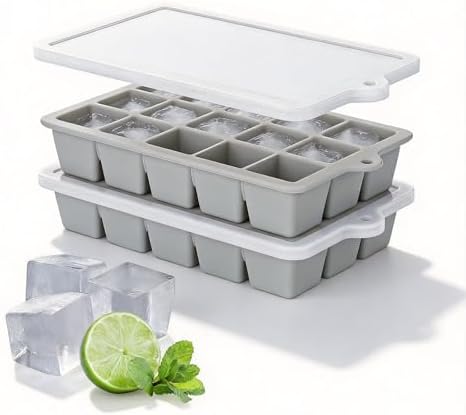 Silicone Ice Cube Tray 2 Pack, HANCELANT Ice Cube Mold, Ice Trays for Freezer with Lid for Whiskey, Cocktail, Drinks and Food, Freezer, BPA Free, Easy Release