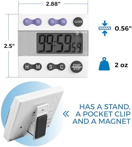 Sper Scientific Portable Digital Kitchen Timer 810015 for Cooking and Baking with Loud Alarm, 4 Channel Timer, Large Display Digital Lab and Cooking Timer, Classroom Timer for Teachers and Students