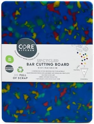 Core Kitchen Rainbow Confetti on Blue 6 x 8 Inch Recycled Plastic Charcuterie Platter Chopping Cutting Board with Non-Slip Footing, Kitchen Display Tray, 46371