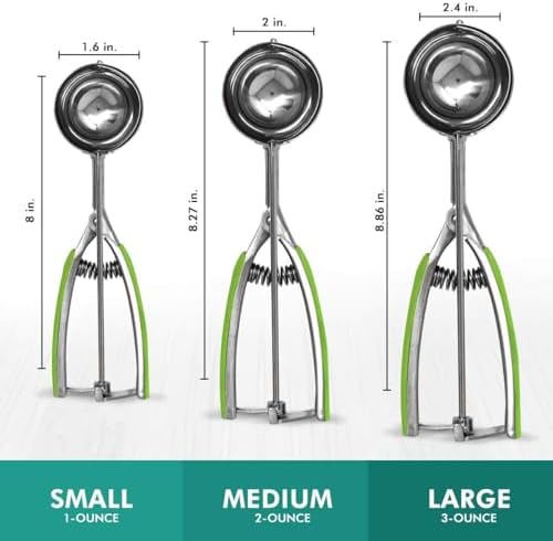 Millvado 3 Pack Stainless Steel Ice Cream and Cookie Scoops | With Green Rubber Grips – Spring Loaded Lever Design – For Sorbet, Melon, Meatballs, Muffins, and More – Includes 1 Oz, 2 Oz, 3 Oz Scoop