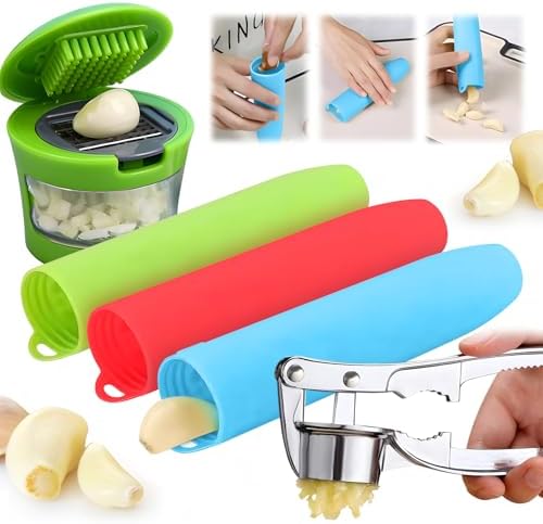 Manual Garlic Press Kitchen Large Garlic Peeler Garlic Muddler Household Garlic Pounder Garlic Press Garlic Peeler for Fine and Coarse Mince Garlic Press,Garlic Mincer, Garlic Crusher (SET A)