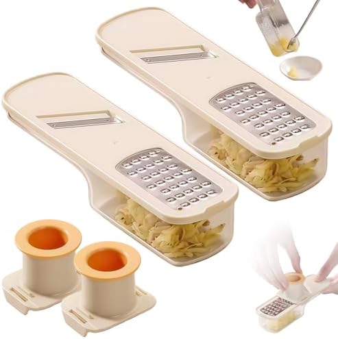 Mini Garlic Grinder, Multifunctional Garlics Grinder & Mandoline Slicer, 3-In-1 Garlic Slicer Veggie Shredder With Container, Hand Guard, For Can Grind, Slice And Shred (Beige *2)