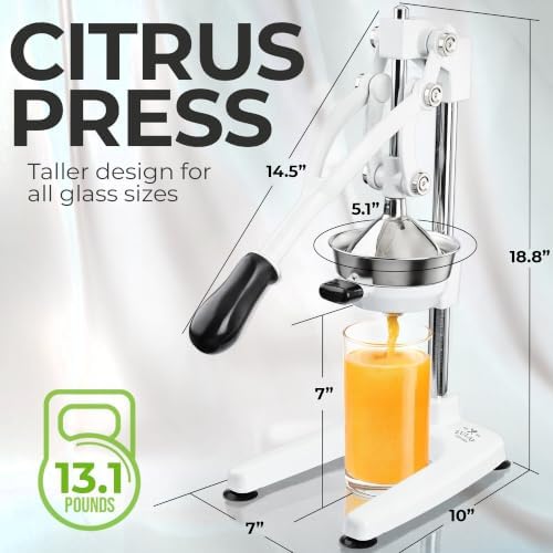 Zulay Kitchen Pulperizer 9 in 1 Cast Iron Juicer - Easy-to-Clean Heavy-Duty Manual Juicer with Presser Attachment to Juice All Types of Fruits! Extra Tall with Stainless Steel Bowl - White
