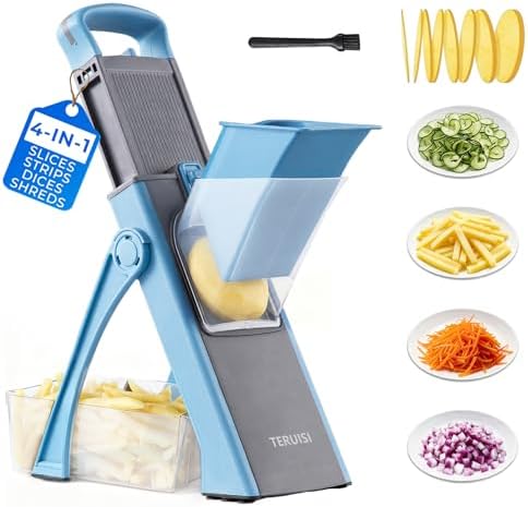 Safe Mandoline Slicer Multi Vegetable Chopper, Foldable 4 in1 Fruit Slicer Dice Strip Shred Veggie Cutter with 0-8mm Thickness Adjustable Built in Blades, Detachable Salad Chopper,110V