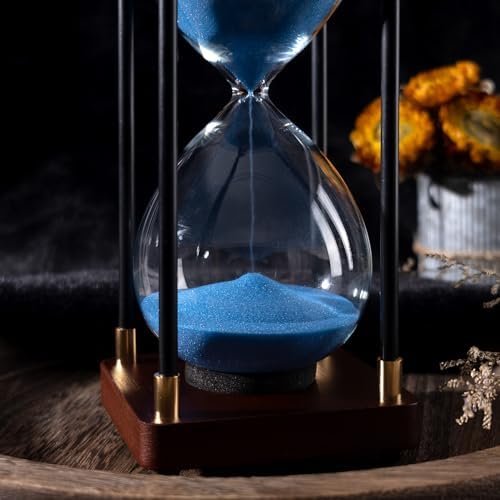 Large Sand Hourglass Timer, Vintage Wooden Sand Timer 60 Minutes, Glass Sand Clock Minutes with Wooden End Caps, Sand Timers for Games Classroom Home Office Kitchen Use (Blue Sand)