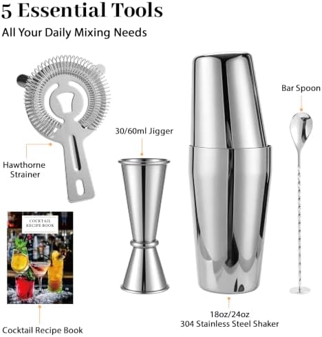 Boston Cocktail Shaker Set, 18 oz & 28 oz 2-Piece Tins, 304 Stainless Steel Bartender Kit 5-Piece Bar Tool Set with Recipe Book, Perfect for Novices & Pros, Home and Bar Use (Silver)