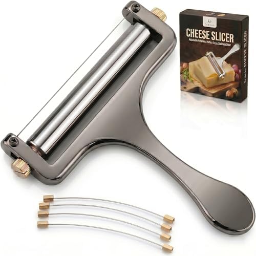 Wire Cheese Slicer for Block Cheese, with 2 Extra Wires, Adjustable Hand-Held Cheese Cutter for Mozzarella, Cheddar, Gruyere (Gunmetal)