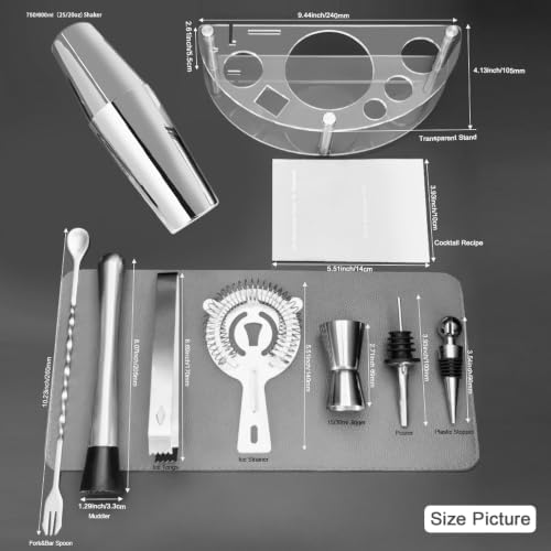9-Piece Cocktail Shaker with Stand, 25oz Bartender Kit, Cocktail Shaker with Strainer Set, Boston Shaker Set, Bar Set Jigger for Bartending Drink Mixer Set, Cocktail Set Recipes (Silver-25/20oz)
