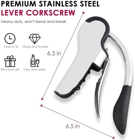 KAYCROWN Stainless Steel Wine Bottle Opener, Vertical Lever Corkscrew with Built-in Foil Cutter Design, Manual Handheld Corkscrew with Ergonomic Lever Pump
