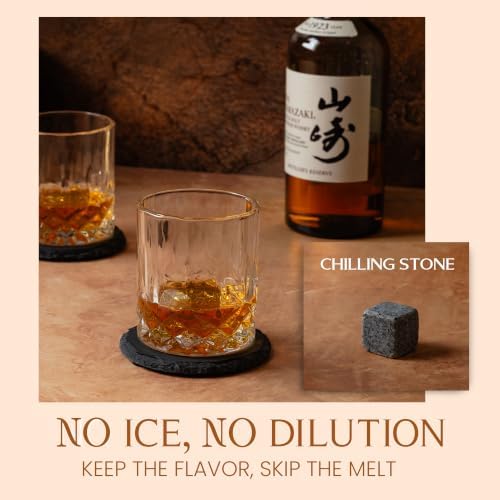 Mixology & Craft Whiskey Stones Gift Set: with Two 10oz Lead-Free Crystal Whiskey Glasses, 8 Whiskey Stones with Velvet Bag, 2 Slate Coasters & Recipe Cards in Wooden Crate | Great