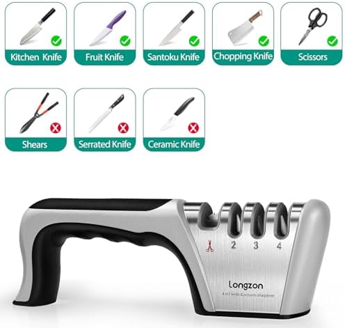 Longzon 5-in-1 Knife Sharpener 4 Stage with Cut-Resistant Glove, Quickly Sharpens & Restores Dull Blades, Easy & Safe for Home Manual Kitchen Use, Fits Most Knives and Scissors, Black+Silver