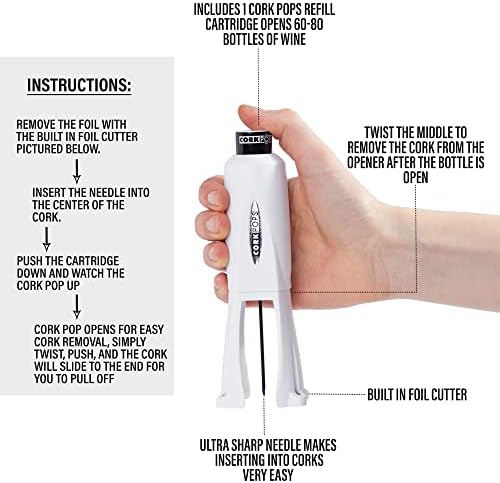 Cork Pops Legacy Wine Opener Built-in 4-Blade Foil Cutter Safe Cork Removal, Effortless Push Button Use, Needle Guard for Safety, Low-Pressure Cartridge Opens Up To 60 (White, With 3 Cartridges)