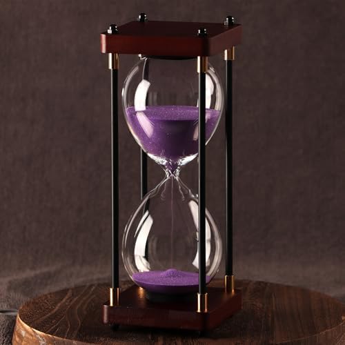 60 Minutes Sand Hourglass Timer, Vintage Sand Clock 60 Minutes, Large White Sander with Wooden End Caps, Hour Glass Sandglass Timer for Games Classroom Kitchen Decor (Purple Sand)