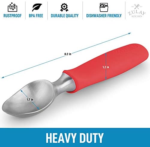 Zulay Heavy Duty Ice Cream Scoop - Stainless Steel Ice Cream Scooper With Non-Slip Rubber Grip - Durable Ice Cream Spade - Anti-Thaw Icecream Scoup For Frozen Ice Cream & Gelato (Red)