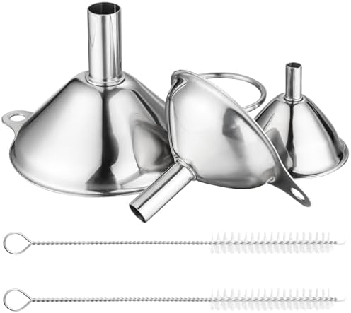 Stainless Steel Funnels 3pc Small Medium Large Metal Funnels Set with 2 Cleaning Brushes for Liquids, Essential Oils, and Spices