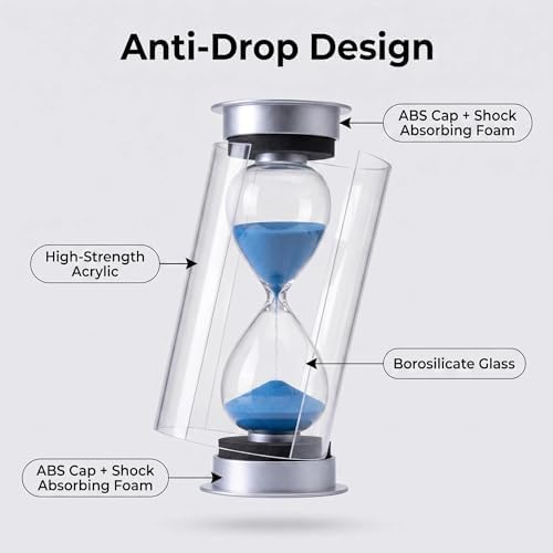 Hourglass Sand Timer 5 Minutes, Dual Protection Hour Glass with Sand, Sand Timer for Kids Safety, Sand Clock Watch, Creative Gift, Living Room Office Decorative (Silver Cover with Blue Sand)