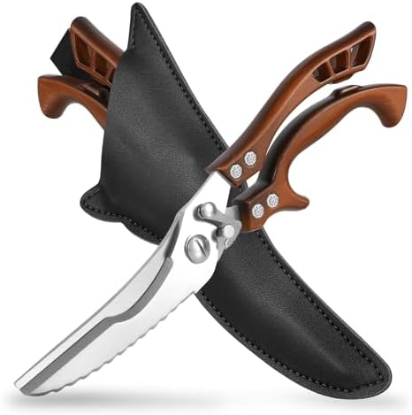 ANDONG Kitchen Scissors, Heavy Duty Professional Poultry Shears, Stainless Steel Spring Loaded, Dishwasher Safe, with Black Leather Sheath