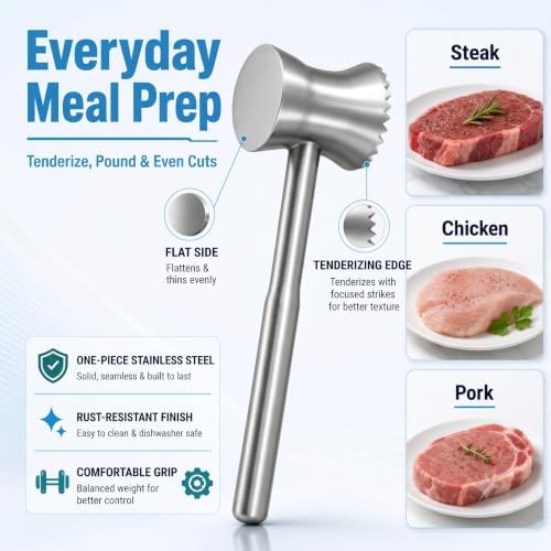 Meat Tenderizer Tool, 304 Stainless Steel Dual-Sided Meat Mallet