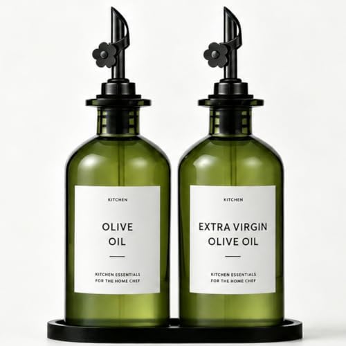 Olive Oil Dispenser for Kitchen, 2-Pack 12oz Glass Bottle with White Labels