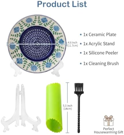 Ceramic Garlic Grater Plate Set - 4PCS Ginger Grater Dish with Silicone Peeler, Brush & Display Stand, Spanish Tomato Grater, Porcelain Mincing Plate, Herb Stripper Kitchen Tool