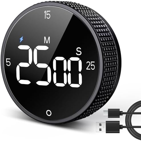 USB Rechargeable Magnetic Kitchen Timer for Cooking, Building 800mAh Battery Large Display Digital Countdown Countup Timer, 3 Preset 5/15/25 Mins Loud Alarm for Kitchen Classroom Grilling Studying