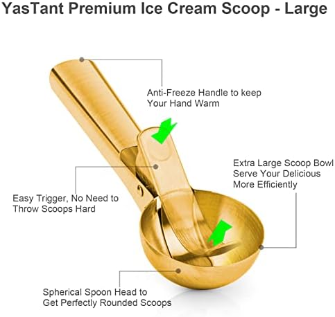 Premium Large Ice Cream Scoop with Trigger Ice Cream Scooper Stainless Steel, Heavy Duty Metal Icecream Scoop Spoon Dishwasher Safe, Perfect for Frozen Yogurt, Gelatos, Sundaes, Large Gold