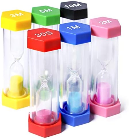 PROLOSO 6 Pcs Colorful Sand Timers Set Platic Sandglass Hourglass Sand Clock Timer 30sec/ 1min/ 2mins/ 3 Minutes/ 5 Minute/ 10mins for Kids Games Classroom Home Office Kitchen